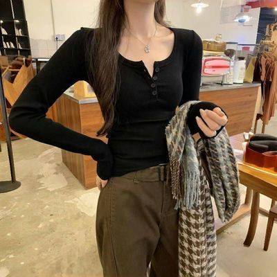 甜辣妹纽扣设计感正肩孕妇T恤女2026春秋新款内搭修身打底衫上衣优惠商品图片