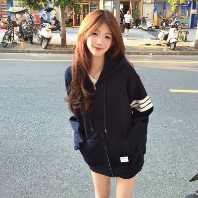 美式小众别致三条杠连帽开衫卫衣女秋冬宽松松弛感加绒加厚外套潮