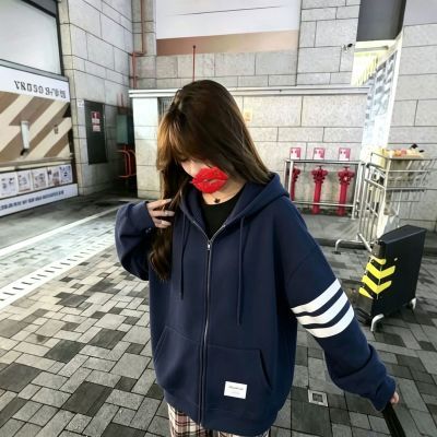 美式潮牌时尚重磅三杠连帽开衫卫衣女秋冬款小众宽松通勤百搭外套