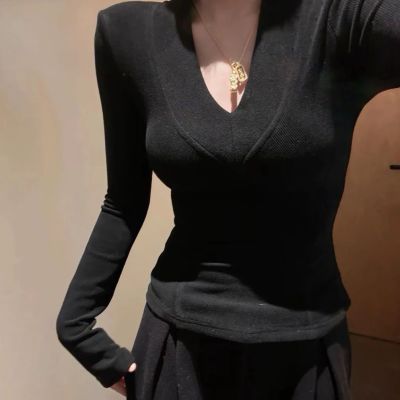 欧货2026春季新款纯色v领显瘦打底衫时尚洋气百搭上衣内搭女春秋优惠商品图片