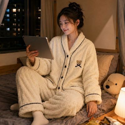 女款法兰绒睡衣秋冬宽松加绒加厚2026新款可以外穿套装