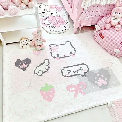 韩系ins风小猫天鹅绒萌系地毯古早波点宿舍卧室床边地毯防滑装饰