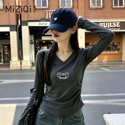 【米子旗】秋新款v领长袖t恤女秋正肩修身收腰显瘦弧形下摆上衣