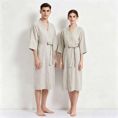 法国简约纯色极简纯色家居服男女款通用棉麻系带长款浴袍睡袍【10天内发货】