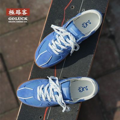 极路客板鞋棱系列蓝色美式小众男女潮流休闲翻毛皮低帮专业滑板鞋