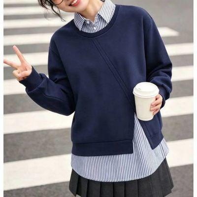 米子旗藏青色叠穿宽松洋气卫衣女春季假两件衬衫领下摆开叉上衣潮