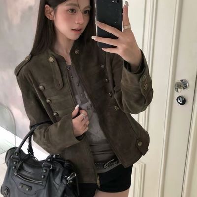 早秋新潮主推拿破仑风麂皮立领夹克金属排扣酷飒气质宽松短外套女