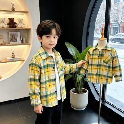 男童格子衬衫2026春秋新款韩版洋气磨毛长袖衬衣中大童百搭上衣