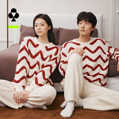 【有棵树】半边绒情侣红色睡衣冬防螨男士抗静电加厚条纹家居服女套装