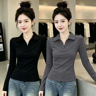 长袖T恤女2026春秋季韩版新款修身显瘦纯色短款polo领打底衫上衣
