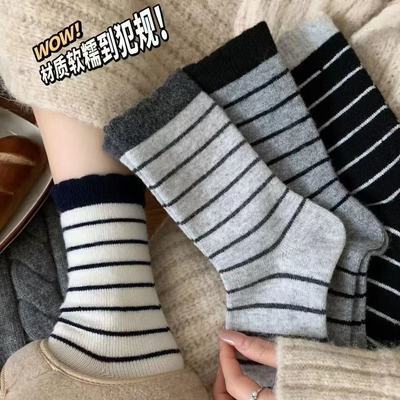 十双装女袜ins潮百搭秋季款条纹中筒复古拼色学院花边可爱堆堆袜优惠商品图片