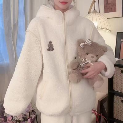 小熊睡衣女秋冬珊瑚绒加绒加厚连帽法兰绒家居服拉链套装显瘦外穿