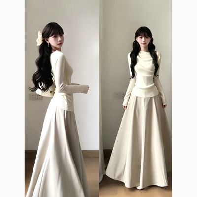 浅杏知叙 秋季新款轻熟优雅风米白色针织衫显瘦半裙气质穿搭套装优惠商品图片