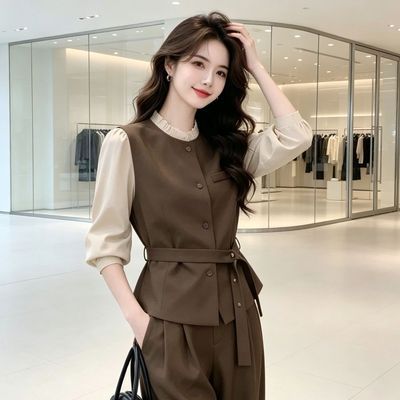 时尚套装2026女款新款洋气春秋减龄马甲长袖衬衫阔腿裤两件套女【7天内发货】