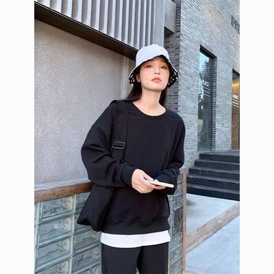 黑色无帽卫衣女2026新款春秋季宽松打底美式圆领长袖上衣外穿内搭优惠商品图片