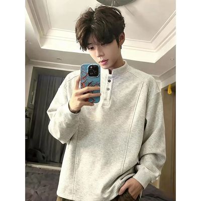 秋季POLO衫高质量打底休闲T恤高级感上衣重磅T恤男美式亨利领长袖优惠商品图片