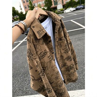 设计感衬衣外搭开衫咖色涂鸦秋季痞帅印花长袖衬衫美式复古外套男优惠商品图片