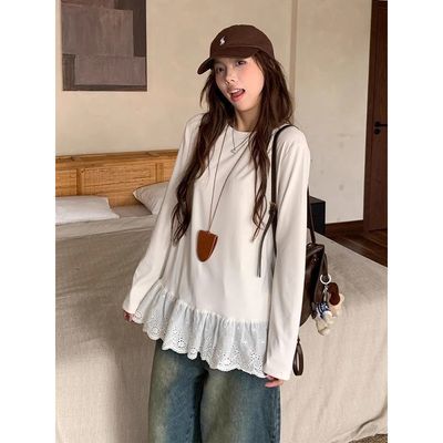 白色德绒蕾丝花边修身圆领长袖T恤女秋冬洋气百搭显瘦打底衫女ins