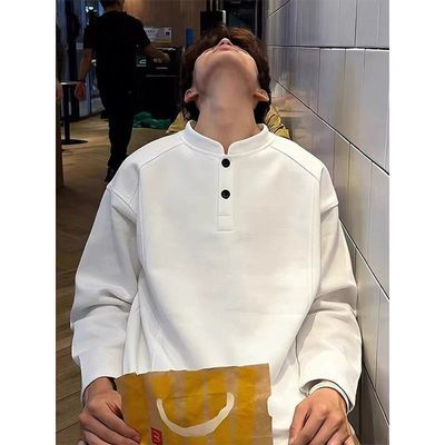 美式cleanfit重磅polo衫亨利领卫衣内搭长袖t恤打底衫男生少年感