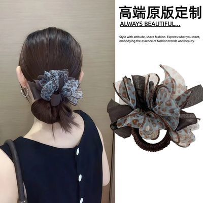 新款豹纹2026网纱蝴蝶结大肠发圈丸子头绳头扎发皮筋头花发饰