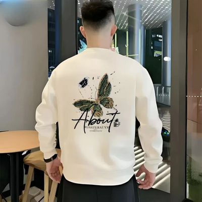 秋冬季潮流潮牌蝴蝶印花加绒棉卫衣显瘦圆领简约打底卫衣男秋冬款
