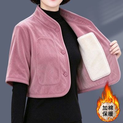 秋冬新款妈妈装加绒短袖马甲坎肩立领保暖居家睡觉护肩短款背心