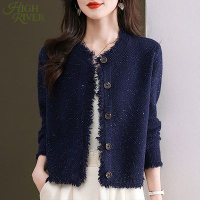 【HIGH RIVER】秋冬新款羊毛开衫洋气轻奢时尚亮丝高档女香风针织衫