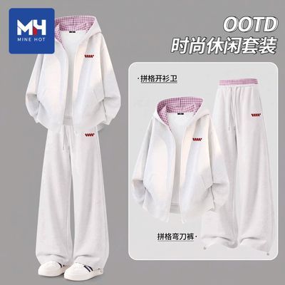 唐狮集团MH休闲套装女秋2026新款学院风韩版ins撞色拼格两件套C