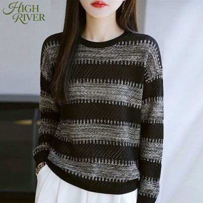 【HIGH RIVER】早秋新款圆领内搭镂空针织衫时尚韩版条纹高档女打底