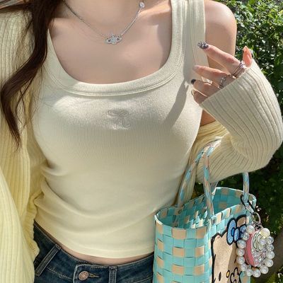 2025夏/洋气大U领吊带背心女新款蝴蝶结刺绣修身打底无袖外穿上衣