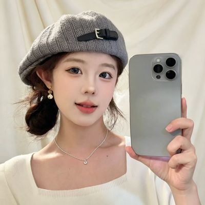 秋冬新款韩系贝雷帽针织皮扣前进反戴两戴鸭舌帽百搭显脸大头黑色