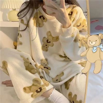 法兰绒睡衣女秋冬季两件套韩版甜美可爱珊瑚绒加厚保暖外穿家居服【3天内发货】
