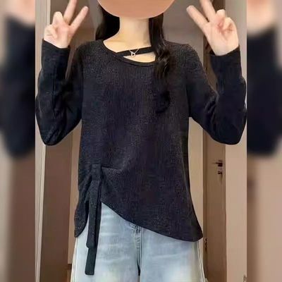 秋冬季宽松设计感打底衫上衣大码胖mm巨好看不规则镂空长袖T恤女