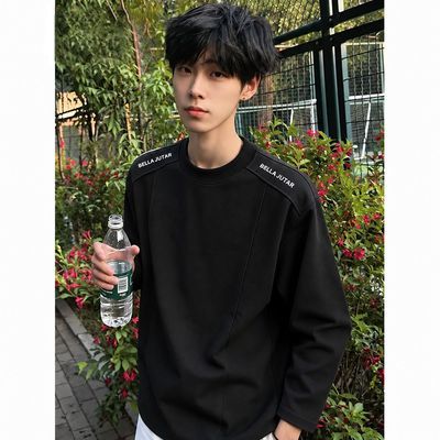 秋季刺绣长袖t恤男款解构白花灰美式拼接卫衣cleanfit重磅打底衫