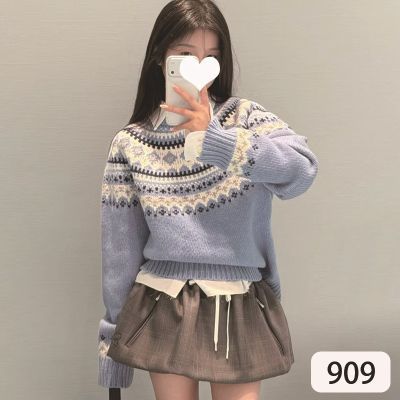 小众设计费尔岛风圆领提花毛衣女复古宽松针织衫蓝色套头上衣外套