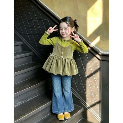 女童秋季套装新款韩版洋气叠穿吊带长袖打底衫儿童休闲百搭牛仔裤
