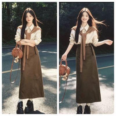 大码胖mm遮肉显瘦百搭韩系早秋穿搭一整套咖色披肩衬衫女长裙套装