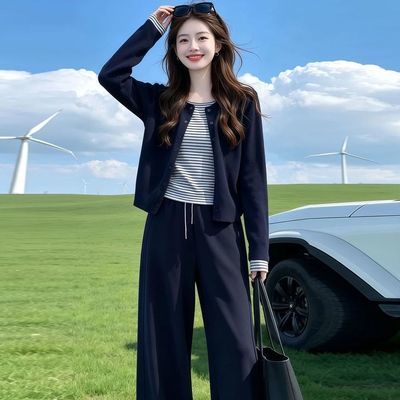 春秋休闲减龄套装女气质假两件上衣开衫高腰显瘦百搭阔腿裤两件套