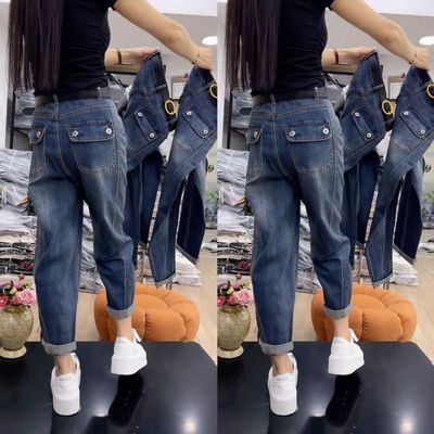 大码高腰宽松遮胯显瘦百搭老爹萝卜哈伦牛仔九分裤秋新款梨型显瘦