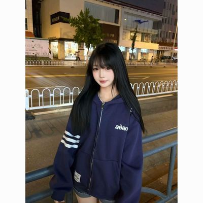 美式街头个性字母刺绣连帽开衫卫衣女秋冬款小众宽松通勤百搭外套