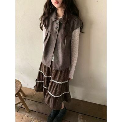 韩系娃娃领小飞袖捏褶肌理坎肩马甲外套女2026秋季新款三件套【5天内发货】