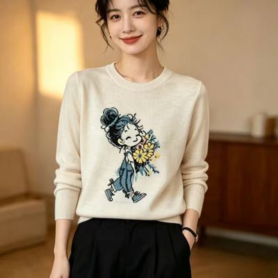 高档针织衫女圆领显瘦打底气质高端上衣潮提花卡通套头毛衣995
