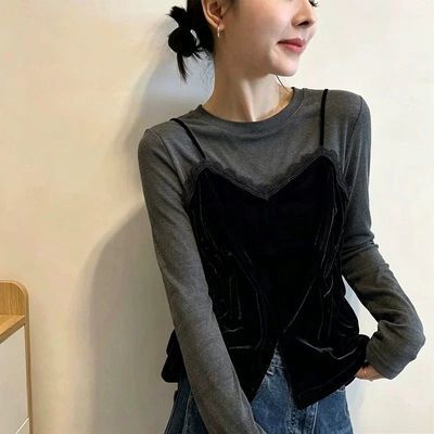 假两件蕾丝花边吊带拼接长袖T恤衫女2026秋季款精致减龄显瘦上衣