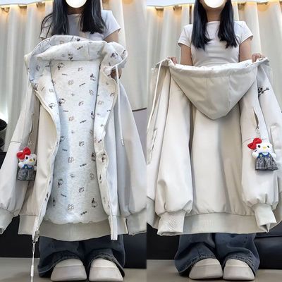 两面穿加厚连帽冲锋衣外套女秋季新款猫咪宽松百搭休闲夹克上衣潮