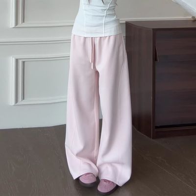粉色慵懒风运动休闲卫裤女2026春季新款大码胖mm松弛感弯刀阔腿优惠商品图片