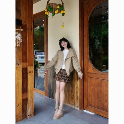 早秋短款风衣套装女2026新款韩系小个子豹纹蛋糕裙显瘦甜酷两件套【7天内发货】