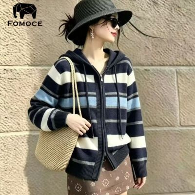 秋冬韩系新款针织宽松连帽慵懒拉链开衫外套条纹撞色毛衣上衣休闲