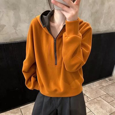 连帽卫衣女2026秋季款韩系半拉链撞色领边宽松百搭慵懒风套头帽衫