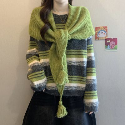 两件套条纹毛衣女套头秋冬新款宽松显瘦绿色披肩围脖叠穿时尚百搭