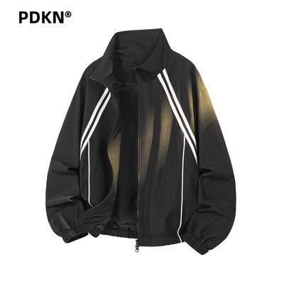 PDKN美式高街复古撞色条纹夹克男2026春秋新款宽松翻领休闲外套潮【5天内发货】优惠商品图片